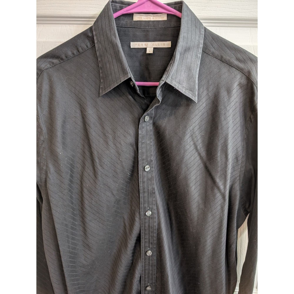 Perry Ellis Mens Black Diagonal Stripe Cotton Button Down Shirt - Size L‎ - Picture 5 of 6